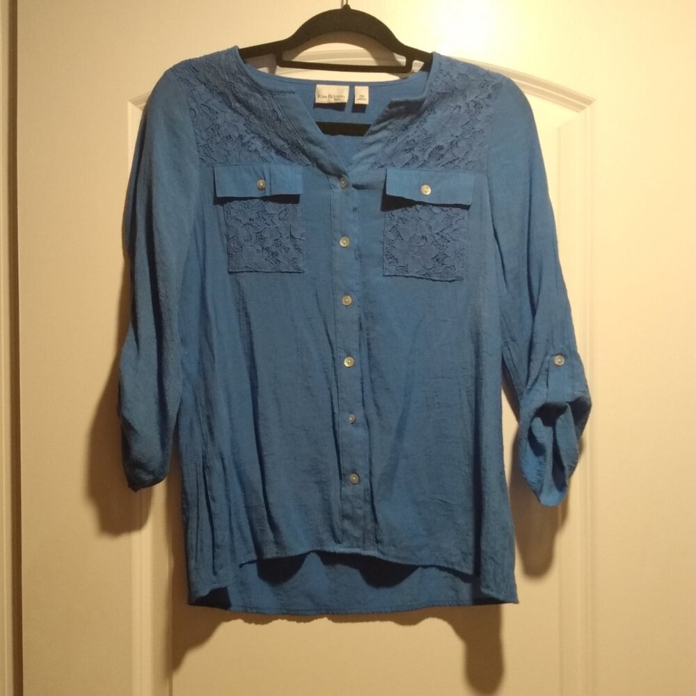 Light Blue Button Down Blouse with Lace Accents